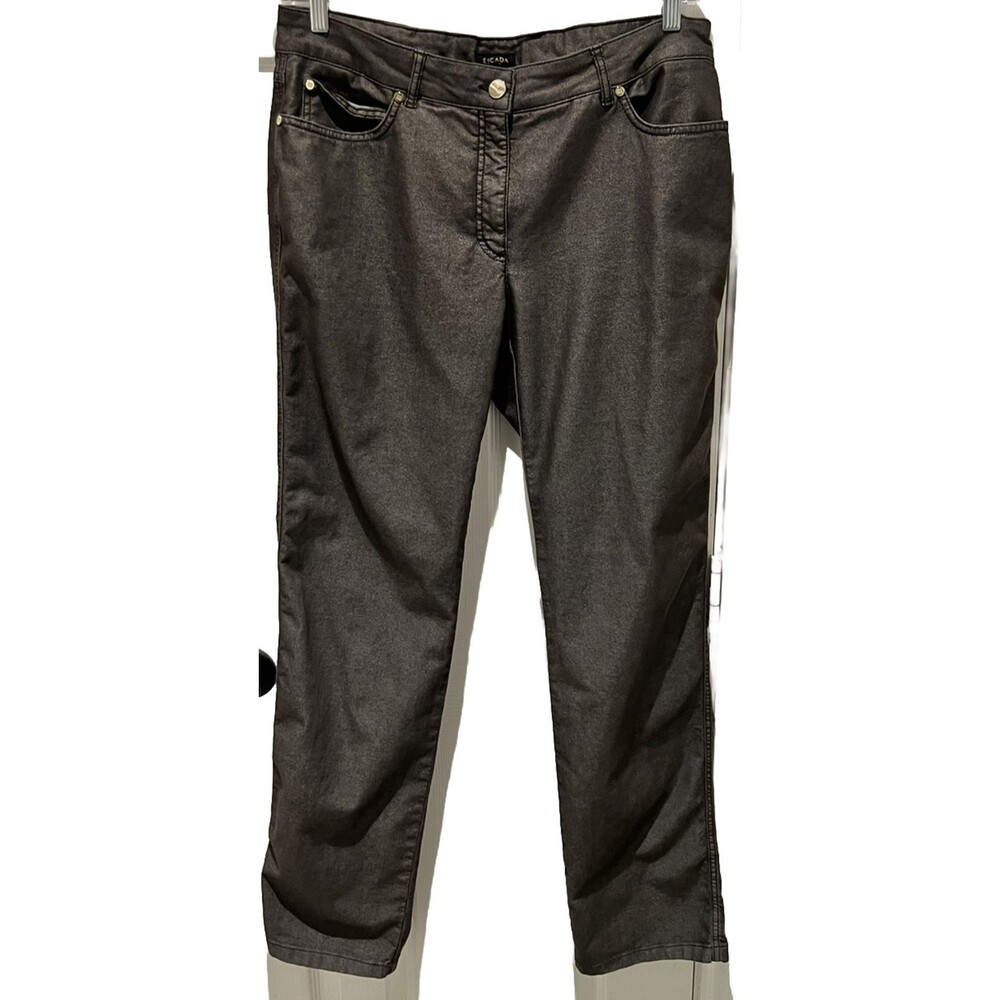 Escada Women’s Shiny Metallic Gray Jeans Straight Leg Size 44 - Picture 2 of 9